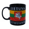 Juodas porcelianinis puodelis su Vyčiu ir Lietuvos vėliava